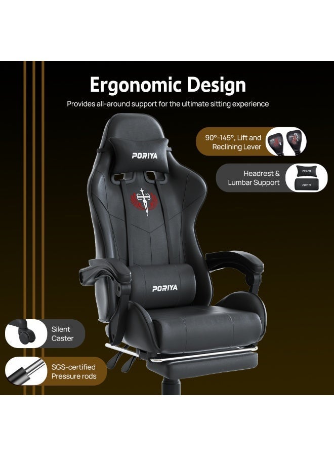 PORIYA Ergonomic Gaming Chair with Footrest, Adjustable Executive Office Chair, 90–145° Recline, Height Adjustable Racing Chair, PVC Leather, 150kg Capacity (Black&Red) - Image 3